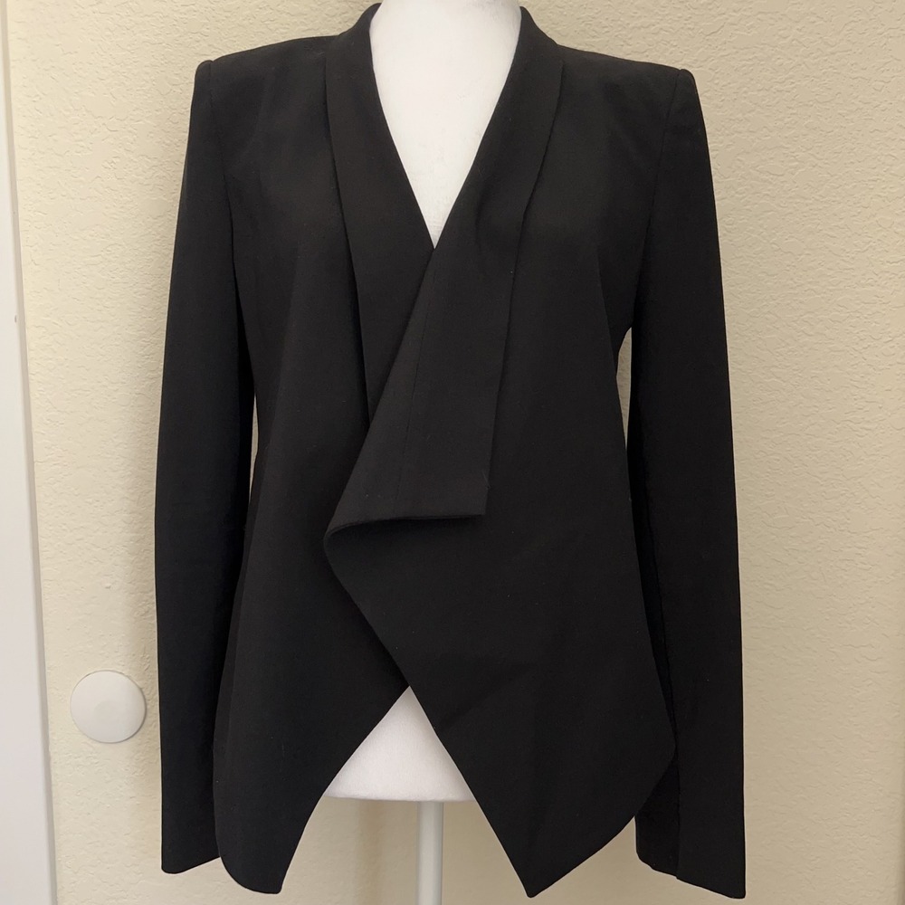 BCBGMAXAZRIA Blazer Womens Small Abree Open Draped Front Black Career Jacket